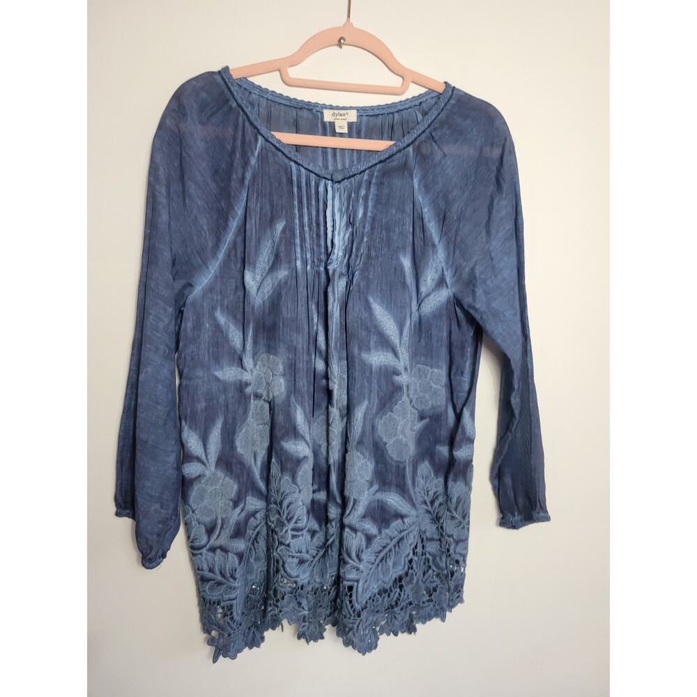 Dylan Popover Tunic Blouse Silk Cotton Womens Embroidered Floral Blue Size XS